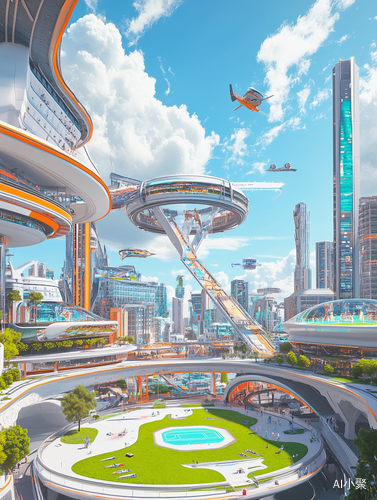 A futuristic cityscape with buildings shaped with futuristic buildings and flying cars. At the center is a circular, multi-level architectural structure that houses various holographic virtual reality scenes, such as sports events with people playing basketball or a swimming pool on green grass. In the foreground, there is a sky garden overlooking blue skies and white clouds. The scene has a bright, cheerful atmosphere, In the style of a cute 3D Pixar cartoon, with a colorful background, soft, smooth lighti