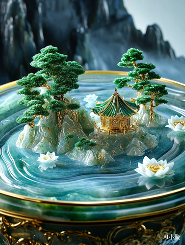 A large, gold-rimmed glass bowl contains an island made of jadeite and blue agate, with gold-inlaid trees on it, surrounded by water ripples. Several very small Chinese pavilions with lotus flowers floating on their sleep, glowing with a golden light, surrounded by huge mountains, Dark Jade Carved Landscape Background, This is a miniature landscape style, created through macro photography and detailed miniatures, with elements of fantasy art, Octane rendering, surrealism, and surrealist oil painting. The im