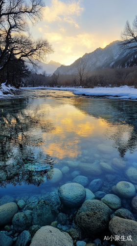 青海白水台黄昏雪景与清澈泉水