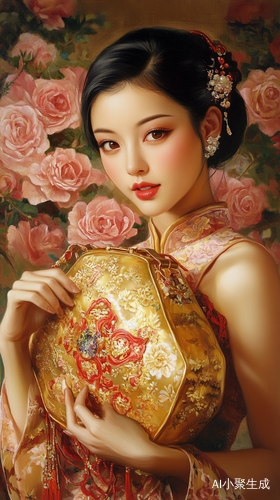 Elegant Chinese Woman Surrounded by Romantic Roses and Wealth Symbol