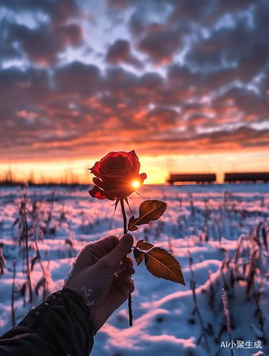 手握玫瑰的雪地和夕阳下的火车