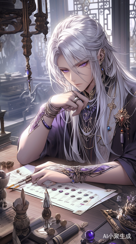 A beautiful young man with silver hair, wearing purple  and blindfolded by crystal beads, is sitting at the desk of an ancient palace in front view. He has long, straight white hair, delicate facial features like a porcelain doll's face, and a cold expression. He is surrounded by mysterious runes in a fantasy world style，The whole picture is presented in the highest quality, clear and hazy, with extreme light and shadow and delicate rendering. The film lighting gives the picture a high-definition 8k tex