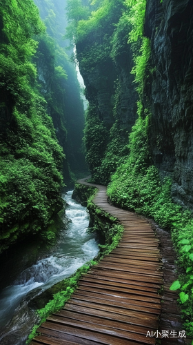 中国青城山旅游景区，一条位于山间峡谷中的木质栈道，栈道沿着峡谷蜿蜒延伸，一侧是潺潺流淌的溪水，另一侧是覆盖着茂密植被的岩壁。周围的植被郁郁葱葱，绿意盎然，绿野仙踪的感觉，高清晰度，治愈，绿色背景