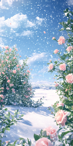 on the endless snow, there are more than 1, 000 pink roses floating, as well as green branches and leaves, crystal clear, clear, bright white snow has nothing on it, clean and thorough from near to far, ground head-up perspective, real picture, super high definition ar 9:16 v 6