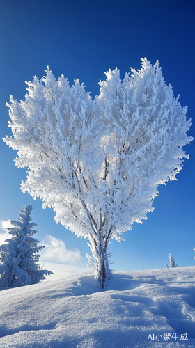 背景是蓝色的,前景有覆盖着雪和白色雾凇，雪地里有一棵冻结的巨大霜冻松树，树的形状为心形，整幅画面非常壮观。