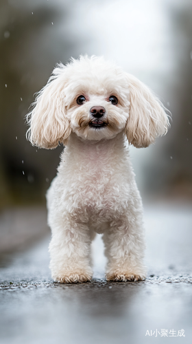 一只贵宾犬，毛色雪白，像一团毛球，站在地上看着你，发怒但是很可爱的样子，不停地吠叫