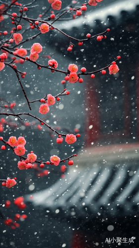 冬季雪中梅花与古建筑的和谐美景