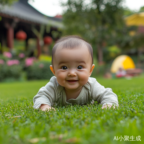 可爱大眼睛中国宝宝在草地上玩耍
