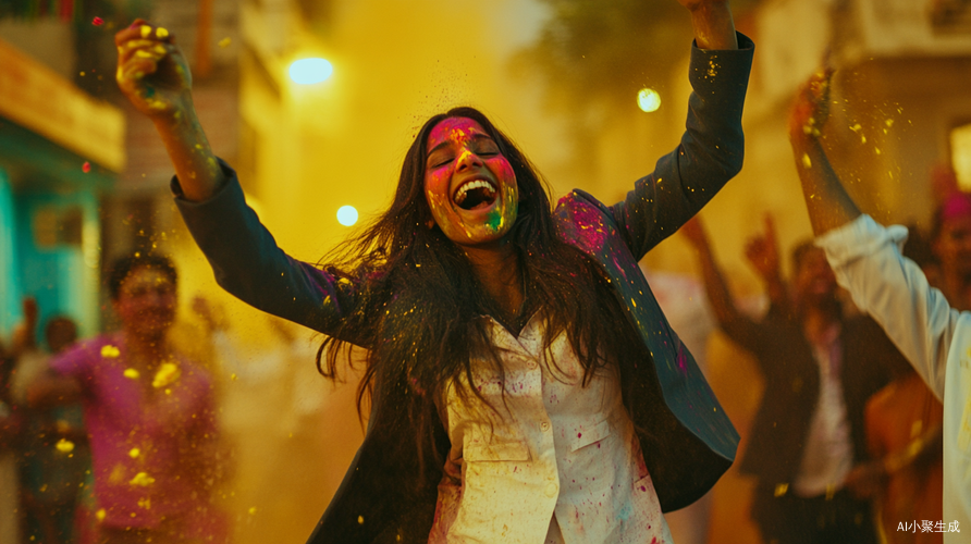 Vibrant Celebration of Holi Festival in India with Friends Dancing and Colorful Powders