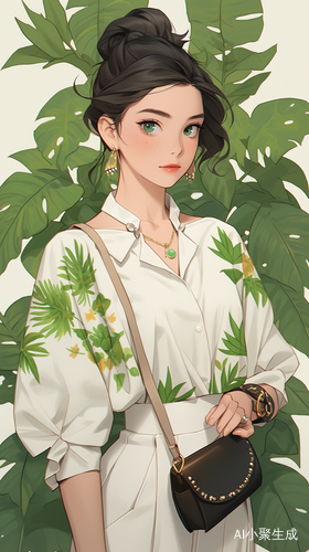 Anime Style Illustration of a Beautiful Girl in Green Patterns