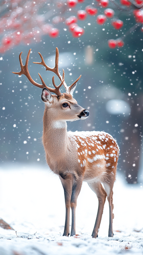 可爱梅花鹿在雪地中张望远处红梅花盛开