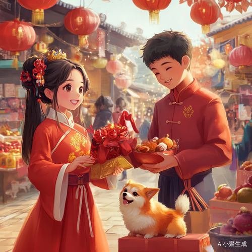 一漂亮的中国人小姑娘和小伙子，穿中国新年衣服，旁边一只小奶狗，在逛街，幸福的。