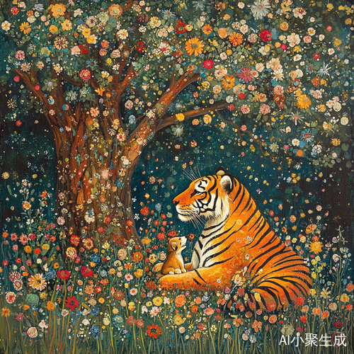 老虎与小狗在花丛中休憩的美丽瞬间