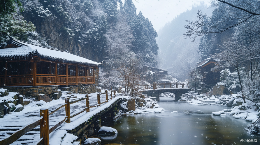 冬天大雪芬飞山中一间木屋，小桥，大高樹高清风景实景图