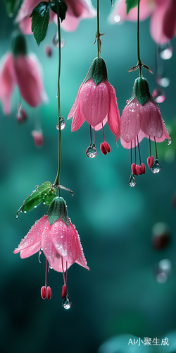 A photograph of pink and green hanging flowers with water droplets on them, beautiful, dreamy, fantastical, high-definition photography in the style of [unknown artist