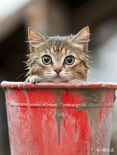 猫咪泡可乐桶中露害羞表情的精彩瞬间