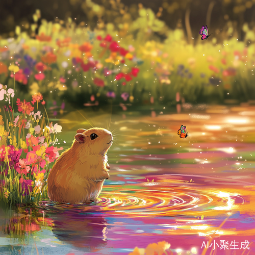 可爱的卡皮巴拉与五光十色的湖边自然和谐
