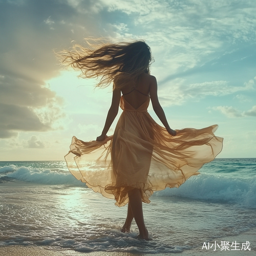 海边舞动的长发美女与沙滩长裙