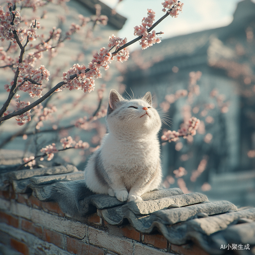 可爱猫咪动态烤火毛被烧着乡村背景梅花盛开