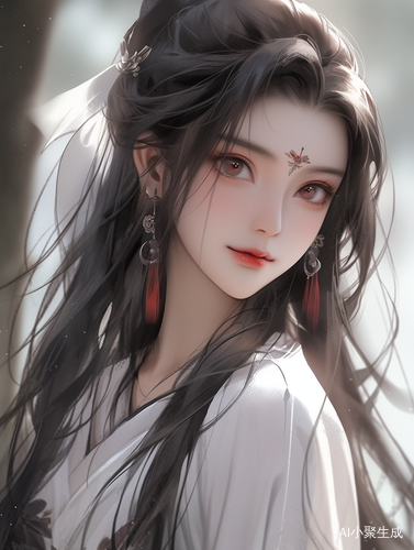 A beautiful girl with long black hair, wearing an ancient - style white dress. Her hair is half - tied up, and there are some strands of hair fluttering on her face. There is a red mark on her forehead. Her eyes are blue - gray, with a hint of red around the eyes, looking very charming. She has red lips and wears jade - like earrings with tassels. The background is plain white, creating a sense of tranquility and elegance.