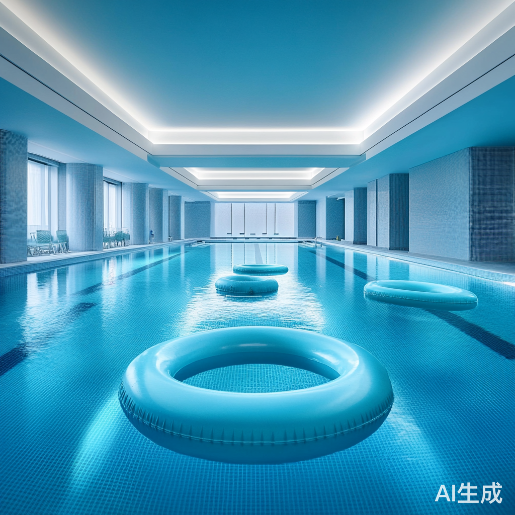 中式梦核封闭蓝色室内泳池滑滑梯与游泳圈