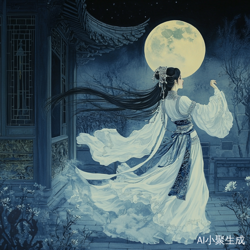 清冷月光下古装女子在中式庭院起舞