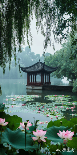 远处廊桥亭台，房檐古风红色，前面有一池荷花，错落有致，湖边围绕垂柳，似江南小桥流水，烟雨江南的景色，画面要宏大，