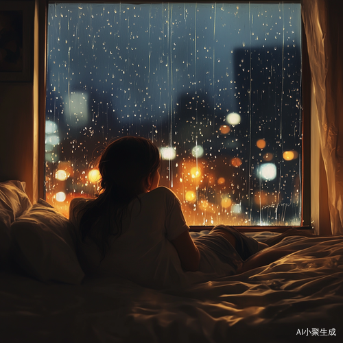 雨天女孩温暖卧床享受美丽窗外景