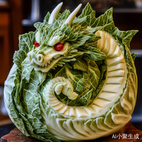 华丽白菜龙雕刻绿白相间细腻祥云映衬神秘天空