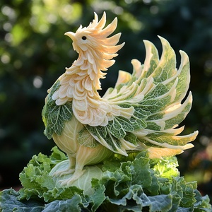 鲜嫩白菜雕琢的栩栩如生凤凰与田园风光