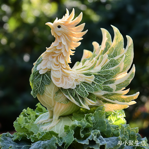 鲜嫩白菜雕琢的栩栩如生凤凰与田园风光