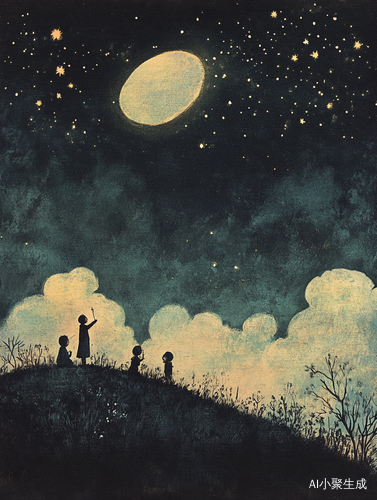 夜空中小云朵与月星微笑的奇妙景象