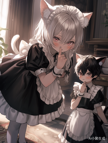 A cute little boy wearing a black-and-white maid uniform, with soft cat ears and a fluffy cat tail, posing playfully in a cozy room. Anime-inspired style, delicate features, blushing cheeks, sparkling eyes, intricate lace details on the outfit, soft lighting, and a warm, whimsical atmosphere. High contrast between the black and white clothing, hyper-detailed textures, and a slightly mischievous smile