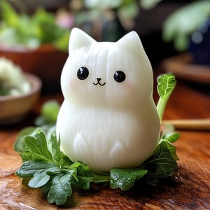 新鲜白萝卜雕刻可爱小猫咪营造活泼氛围