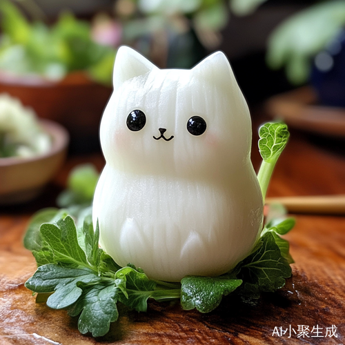 新鲜白萝卜雕刻可爱小猫咪营造活泼氛围