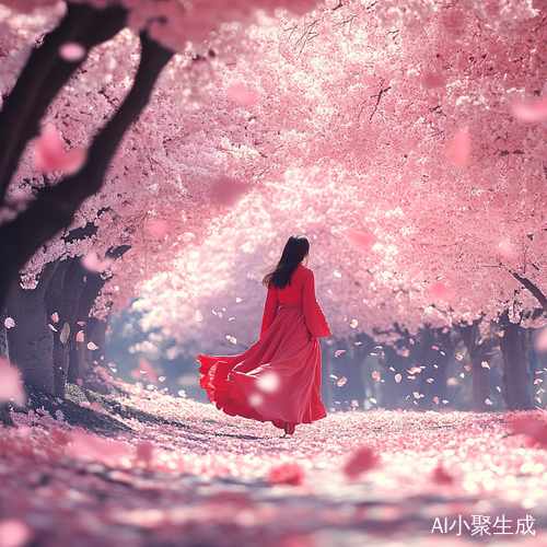 红衣美女漫步樱花园花瓣飞舞如电影画质