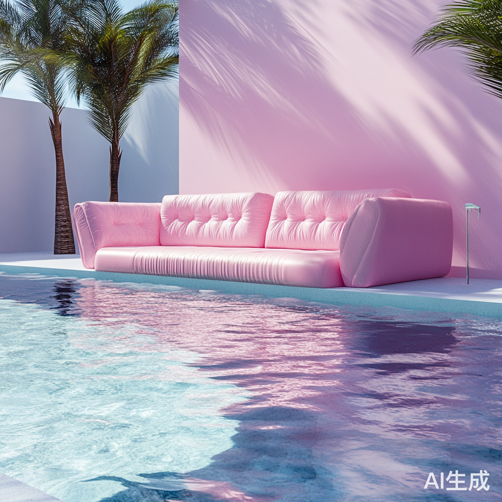 粉色沙发漂浮在泳池中的独特景观