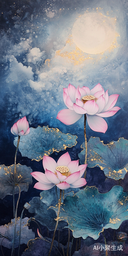 A pink lotus flower blooms, with purple leaves featuring gold edges and golden dots on the petals. The painting, in the style of Cai Guoqiang, depicts a night sky background in an ink style, with a close-up of the flowers showcasing a Chinese aesthetic composition and landscape. The surreal scene features a bright moonlight and its reflection, with a predominance of pink and light blue colors.