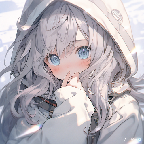 1girl, solo, looking at viewer, long hair, bangs, long sleeves, hair between eyes, upper body, ahoge, grey hair, day, hand up, hood, Light blue eyes, hood down, covering mouth, hand to own mouth,White transparent environment