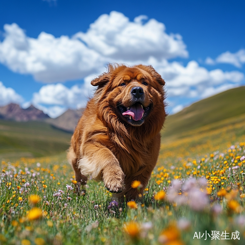 藏獒在格桑花草原上的阳光奔跑