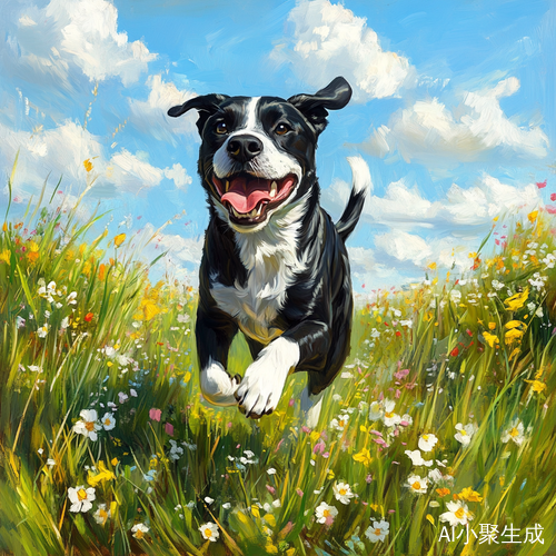 春天野花中奔跑的黑白拉布拉多犬