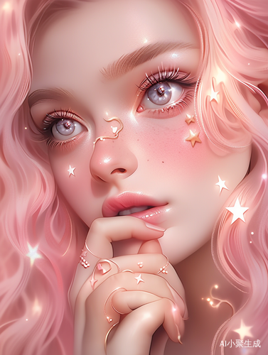 A close-up of the face of a beautiful girl with pink hair and blonde eyes. Long eyelashes, golden stars decorate her eyelids, and her lips have a faintblush. Her hands touch her face, her fingers are slender, and she has a beautiful long manicure.Soft and soft colors are used with surreal portrait styles and fantasy illustrations. The etherealbackground provides a lovely cartoon design.baodada. which softly lights up the dreamlike.Digital art technology shows detailed strokes inhigh resolution in the style 