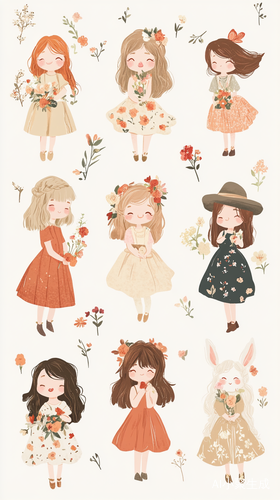 A set of nine adorable illustrations in the style of Chibi, featuring girls among floral elements on a light beige background. The girls have different and hair colors, and are dressed in various dresses, work clothes, and hats. They hold different kinds of flowers or interact with them, such as lilies,flowers, and roses. Some of the girls are also accompanied by little white rabbits. Petals are scattered everywhere, adding a lively and natural atmosphere. The overall art is soft, with a watercolor-like tex