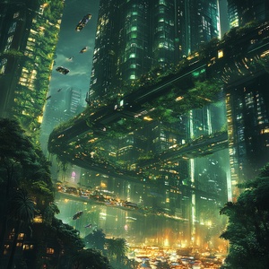 2030年未来城市科技与自然和谐共生的璀璨生活