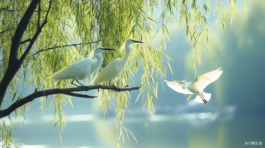 视频提示词（中英对照）：【自然开场】Close-up镜头：Two golden orioles chirping among emerald willow branches, sunlight filtering through leaves 两只黄鹂在翠绿柳枝间鸣唱特写，阳光透过叶片洒落光斑【动态拉升】Pan upward镜头：A line of egrets soaring into azure sky, white wings contrasting with blue expanse 一行白鹭振翅飞向湛蓝天空，纯白羽翼与广阔蓝天形成鲜明对比【诗意转场】Cut to窗口：Ancient wooden window framing snow-capped western mountains, lingering clouds around peaks 古木窗棂框住积雪的西山，山巅云雾缭绕若隐若现【人文收尾】Wide shot镜头：Wooden boats moored at waterside, their sails folded like resting birds, distant river ex