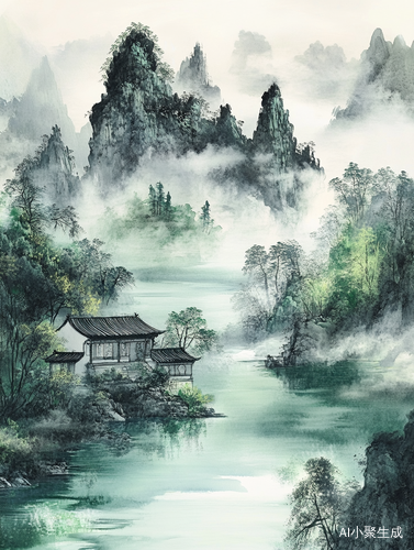 青山绿水，春意盎然的美丽古风水墨画