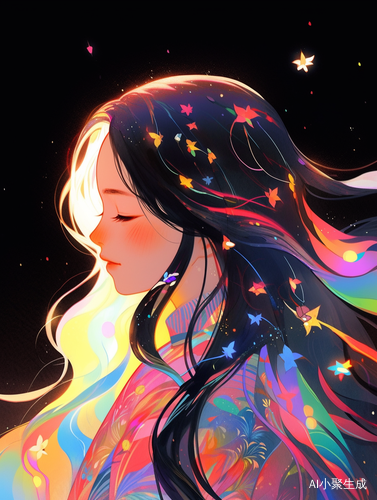 A Chinese girl with light neon colored long hair emitting rainbow flashes, with a background of the night sky, neon lights, and colorful glowing particles on her skin. The color palette is purple, blue, green, yellow, orange, pink, and white, painted by Studio Ghibli, and pink, painted by RyoTakemasa and Jon Klassen