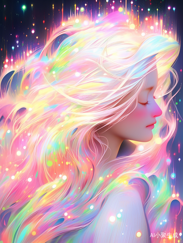 A girl with light neon colored long hair emitting rainbow flashes, with a background of the night sky, neon lights, and colorful glowing particles on her skin. The color palette is purple, blue, green, yellow, orange, pink, and white, painted by Studio Ghibli, and pink, painted by RyoTakemasa and Jon Klassen