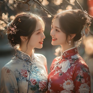 高贵典雅的女性身着华丽旗袍展现优雅时尚