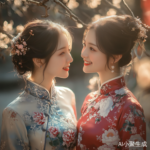 高贵典雅的女性身着华丽旗袍展现优雅时尚